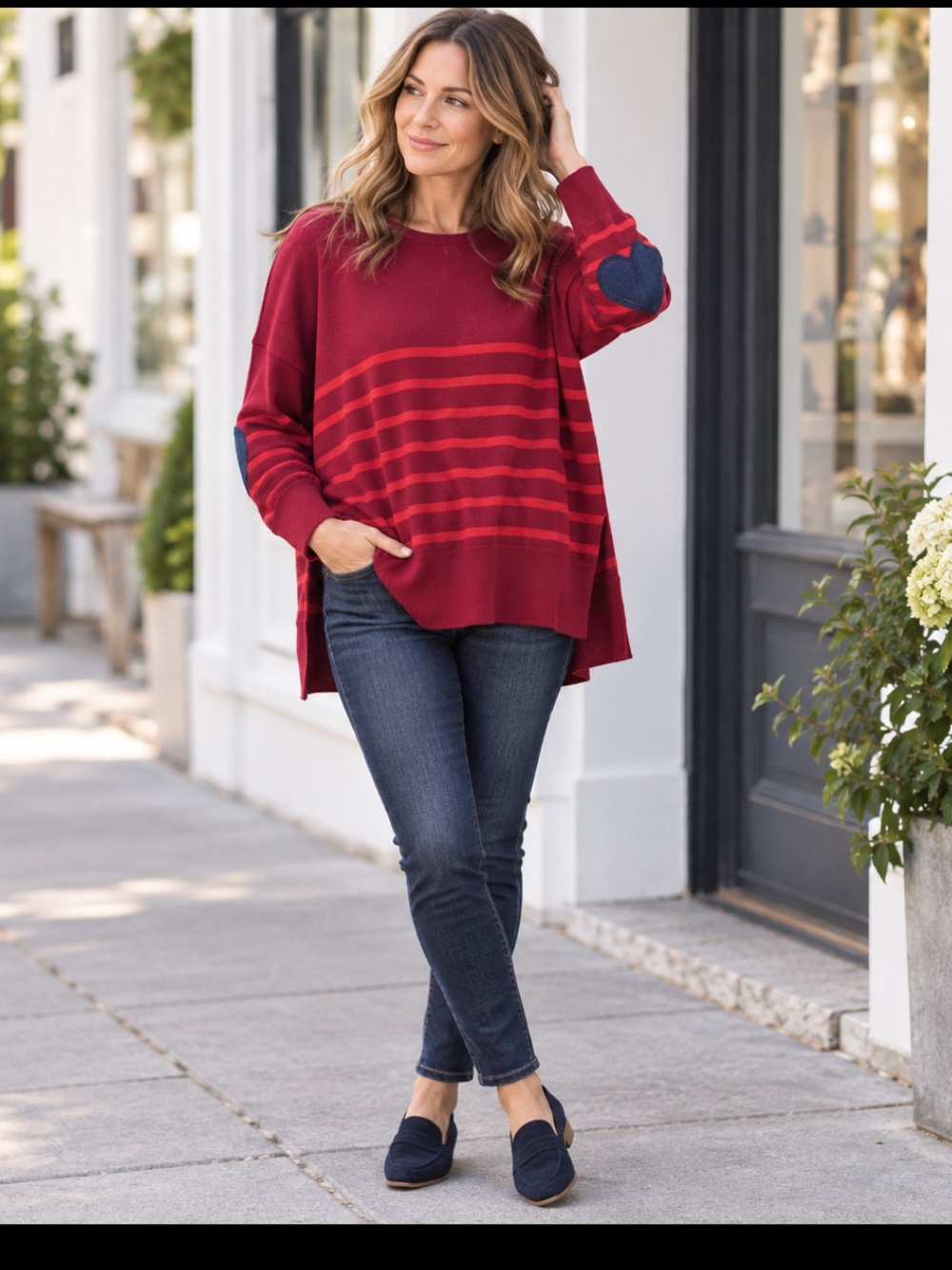 Women’s Red Striped Crewneck Sweater with Navy Heart Elbows